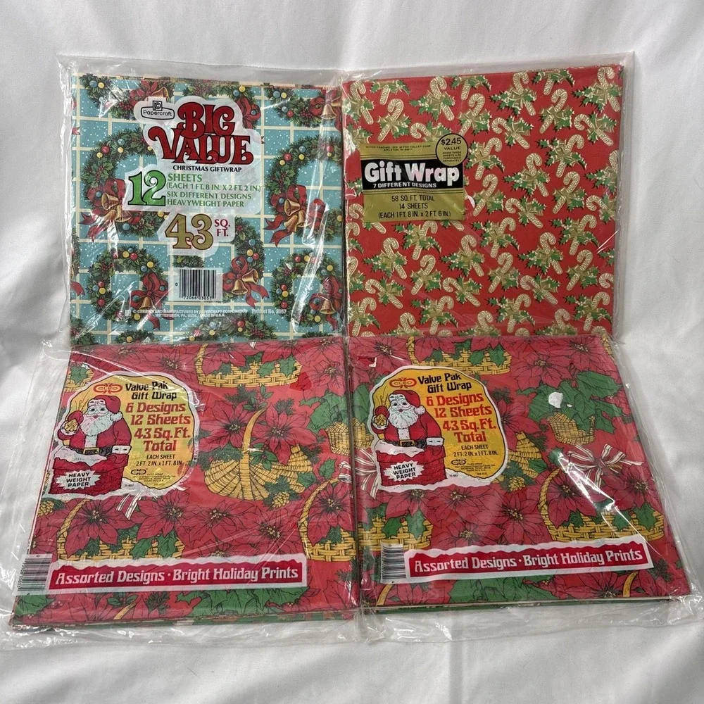 Vtg Lot Of 4 Christmas Wrapping Paper NOS Sealed 187 Sq Ft Total Red Poinsettia